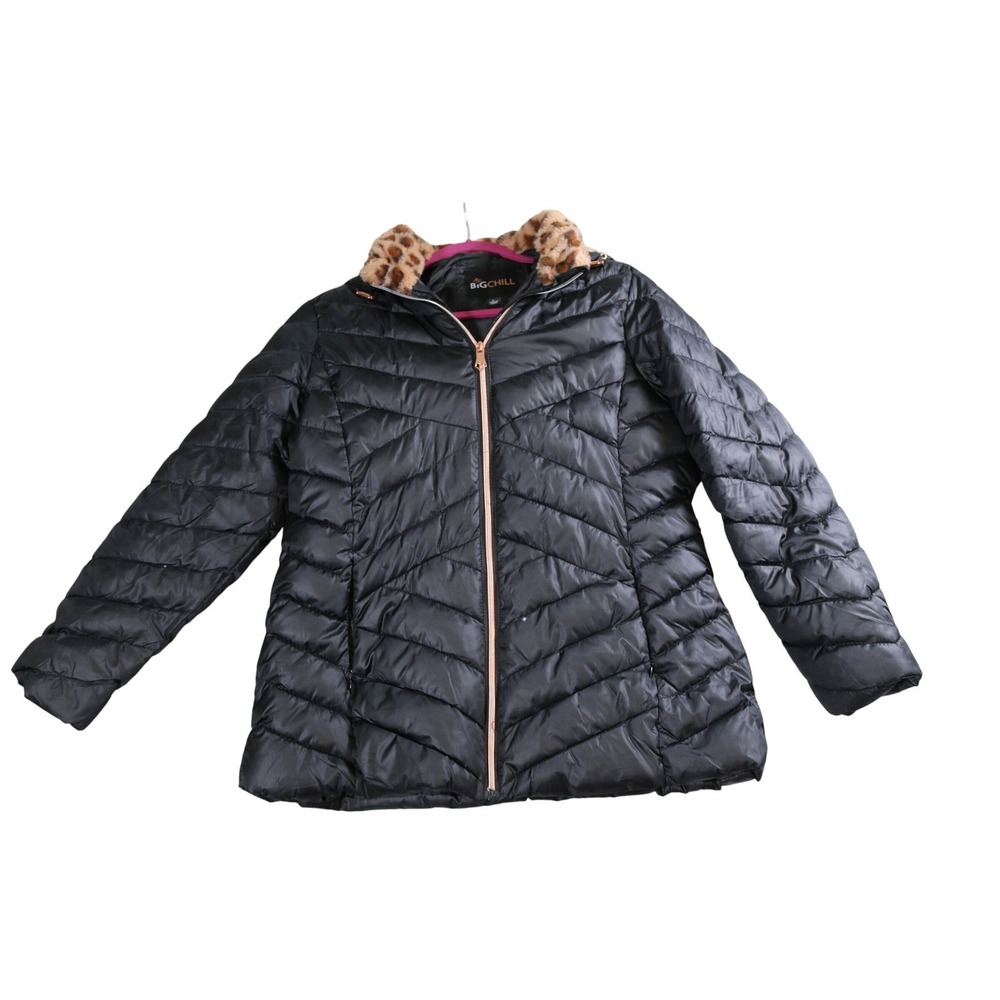 BIG CHILL Womens Black Puffer Jacket Hooded Faux Fur Trim Zip Front Sz L Casual